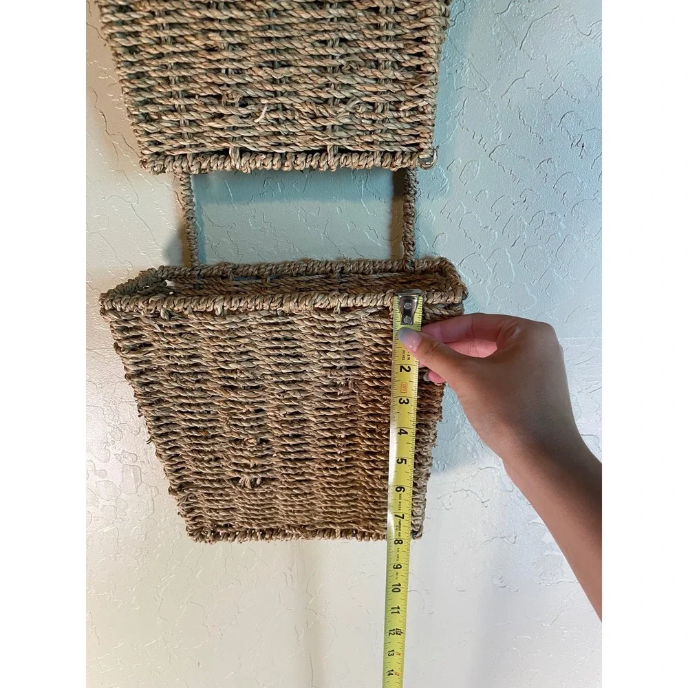 Vintage Woven Seagrass 2 Tier Wall Hanging Basket Organizer Natural Boho Storage